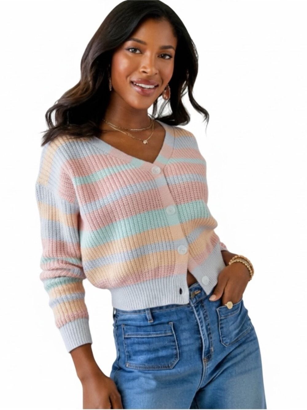 Jessica Simpson Pastel Cropped Cardigan Size Large Button Up